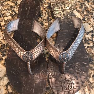 Tory Burch Thora Sandal in Pewter Snake-print